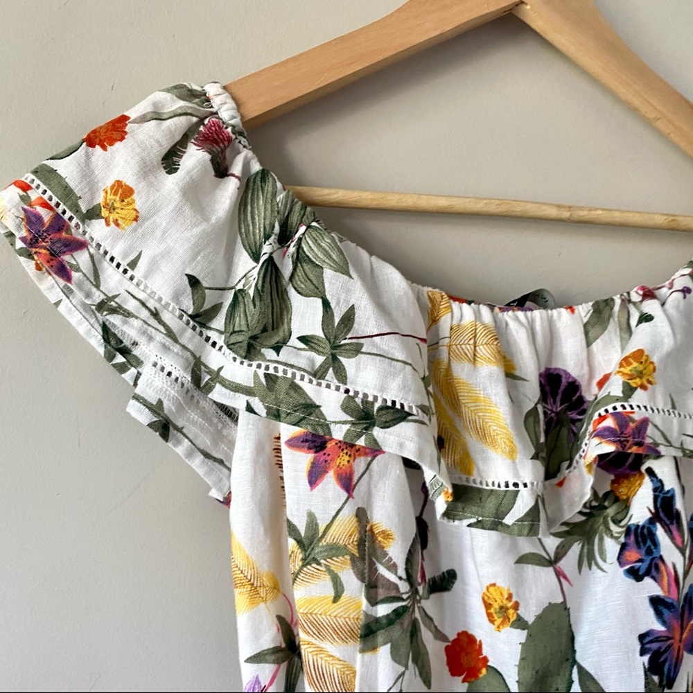 linen dress, floral print off shoulder ruffle